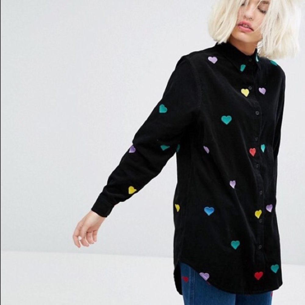 Lazy oaf rainbow heart corduroy collared shirt